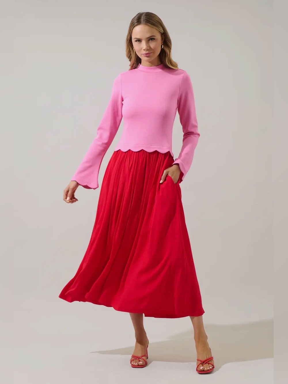 New Pink Top with Red Maxi Skirt Dress- Women's Two-Tone Ensemble